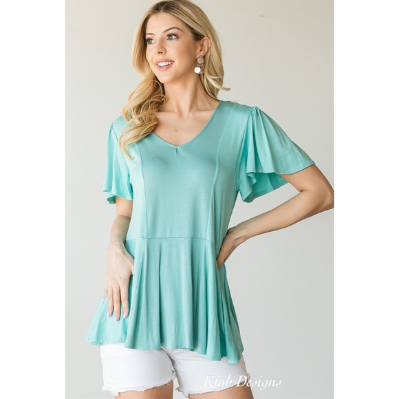 LAST 2! V Neck Ruffle Sleeve Monotone Color Block Fit and Flare Knit Top! - Picture 2 of 8